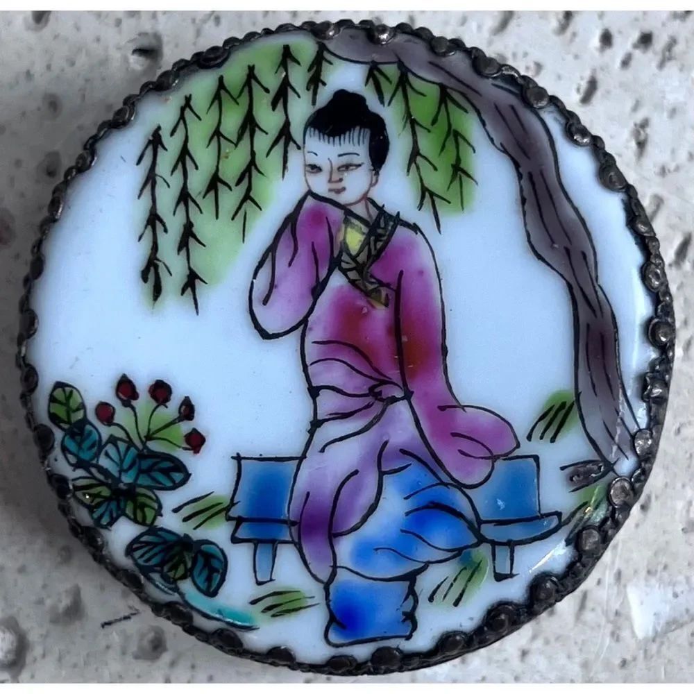Asian Pewter Pill Case with Mirror Asian woman Sitting on Bench